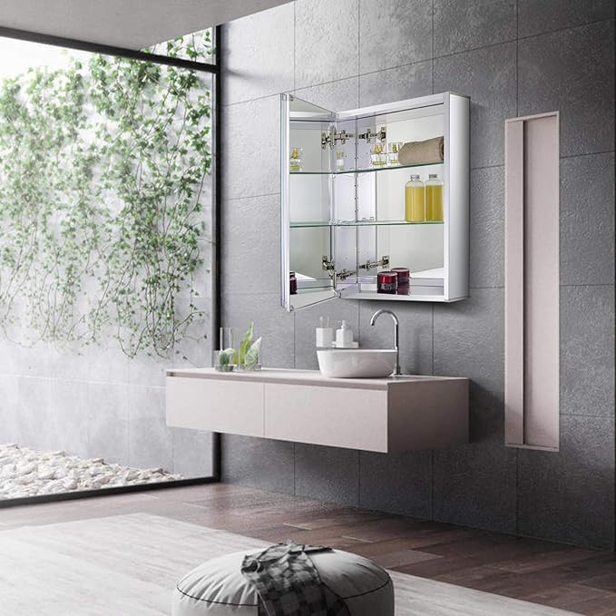 Fundin Aluminum Bathroom Medicine Cabinet with Framless Double Sided Mirror Door15 Inch x 24 Inch Recess or Surface Mount, Silver