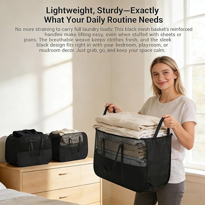 Pop Up Laundry Hamper,Collapsible Laundry Baskets,6-Piece Tear-proof Laundry Basket,Laundry Basket with enhanced handle oldable Mesh Storage Bin for Home, Dorm, Travel (Black)