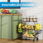 Simple Trending 4 Tier Rolling Cart, Stackable Fruit Vegetable Basket with Wheels and 2 Hanging Basket, Kitchen Storage Metal Wire Basket Stand for Vegetable Snacks, Black