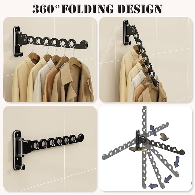 Wall Mounted Clothes Hanger Rack Folding Wall Mounted Clothes Hanger for Laundry with Swing Arm Space Saving Closet Storage Organizer Heavy Duty Coat Hook for Bathroom Bedroom Black 2-Pack