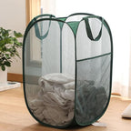 Pop Up Laundry Hamper Thick Mesh Collapsible Laundry Baskets, Large Side Pocket, Strong Handles, Travel Friendly for Cruise, RV (Green+Pink)