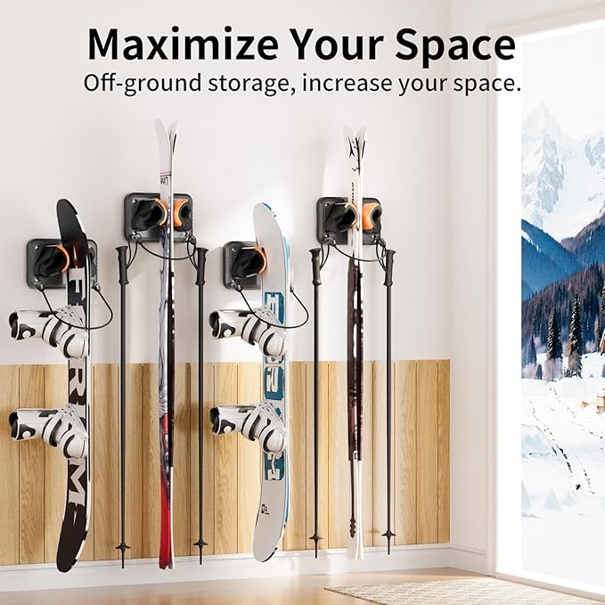 Ski Rack 1Pack, Ski/Snowboard Wall Mount, Skateboard Wall Mount, Fits Any Ski/Snowboard, Holds Up to 25lbs, Winter Gear Organizer, Vertical Ski Storage Rack for Home & Garage