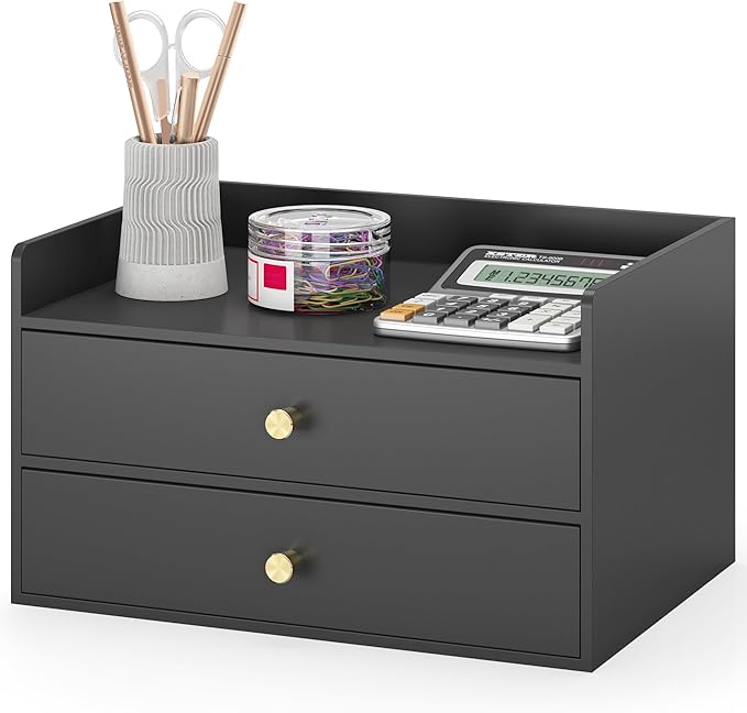Bamboo Desk Organizer with Drawers Wooden Desktop Storage Drawers for Bills Office Supplies Kitchen Utensils Organizing Tool for Home Classroom Organization No Assembly (Black, 2 Drawers)