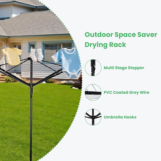 Outdoor Umbrella Drying Rack, 4-Aluminum Arms Folding Rotary Dryer with 12 Lines 165 ft Drying Space Adjustable Height Clothesline w/Waterproof Cover & Ground Spike for Garden Backyard(Black)