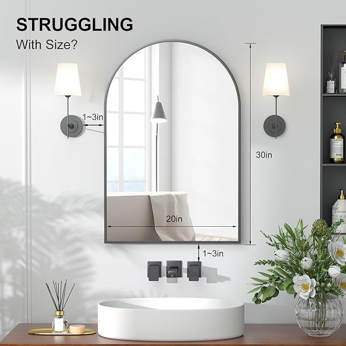 Recessed Medicine Cabinet with Mirror,Arched Medicine Cabinet Mirrors for Bathroom,Brushed Black Medicine Cabinets in Wall,Bathroom Mirror with Storage,Mirrored Medicine Cabinets 20x30