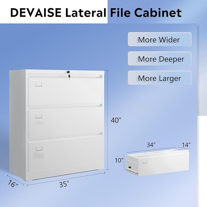 DEVAISE Metal Lateral File Cabinet with Lock, 3 Drawer Filing Cabinet with Business Card Holder, Suitable for Home Office School Hanging Files Letter/Legal/F4/A4 Size, White
