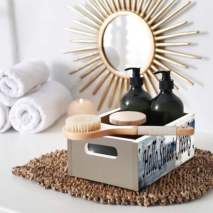 Lnond Rustic Bathroom Decor Box, Bathroom Toilet Tank Tray Storage Basket, Hello Sweet Cheeks Bathroom Wooden Toilet Paper Basket with Handle, Navy Blue
