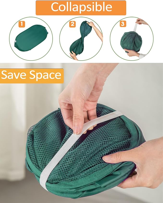 2 Pack Durable Collapsible Laundry Baskets - Reinforced Mesh Pop Up Laundry Hamper with Pocket, Foldable Dirty Clothes Hamper with Carry Handles for Laundry, Bathroom, Kids Room, Dorm or Travel Green