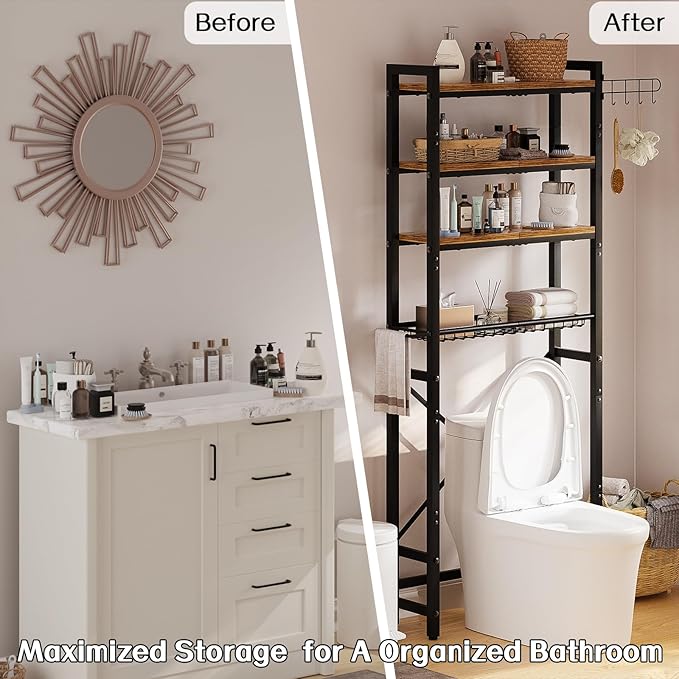 Over-The-Toilet Storage Rack, 4 Tier Bathroom Shelf Organizer Over Toilet with Adjustable Shelves, Basket, Hooks, Paper Holder, Quick Interlock Install & Water-Resistant Shelves (Vintage Brown)