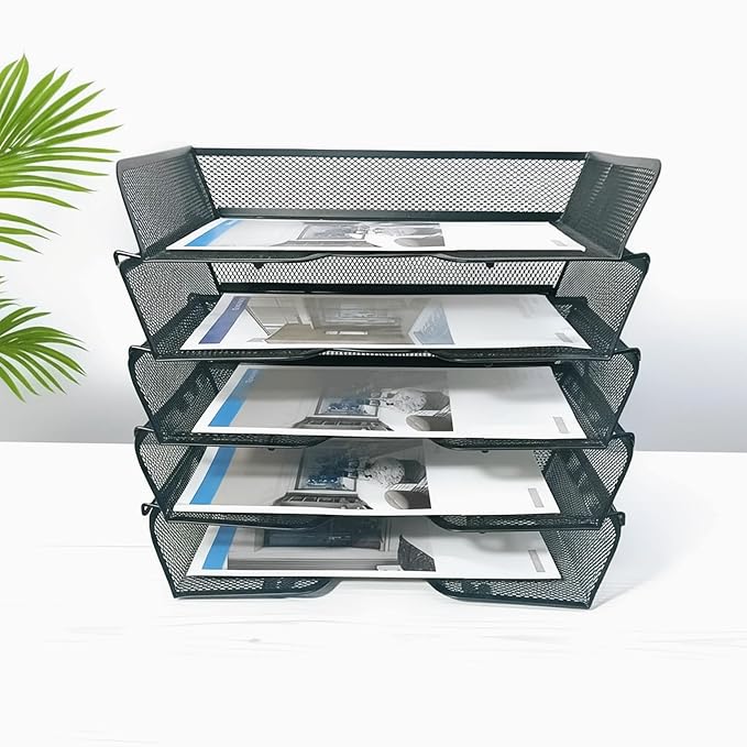 5 Tier Metal Mesh Desk Organizer-Stackable Letter Trays for Office Supplies,Black File Storage System with Reinforced Edges