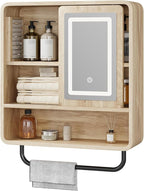 QUW Modern Bathroom Wall Cabinet, Medicine Cabinets with Mirror, Over The Toilet Storage Cabinet for Bathroom, Towel Bar, Sliding Door, 3 Lighting Modes, Adjustable Brightness, Natural Oak
