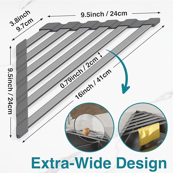 Corner Sink Drying Rack, 16"x9.5" Rust-Proof Aluminum Triangular Dish Drainer, Heat Resistant Roll Up Mat for Kitchen Counter, Sponge Holder & Organizer with Non-Slip Silicone Base, Gray