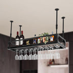 Industrial Wine Rack Ceiling Mounted, 110 lbs Heavy Duty, Adjustable Height, Holds 27 Glasses, Vintage Iron Floating Shelf for Kitchen, Bar, Restaurant (Black)