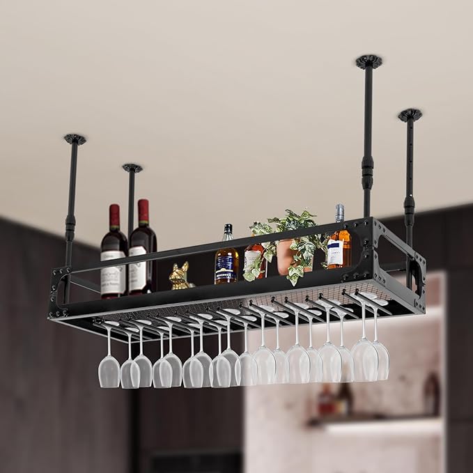 Industrial Wine Rack Ceiling Mounted, 110 lbs Heavy Duty, Adjustable Height, Holds 27 Glasses, Vintage Iron Floating Shelf for Kitchen, Bar, Restaurant (Black)