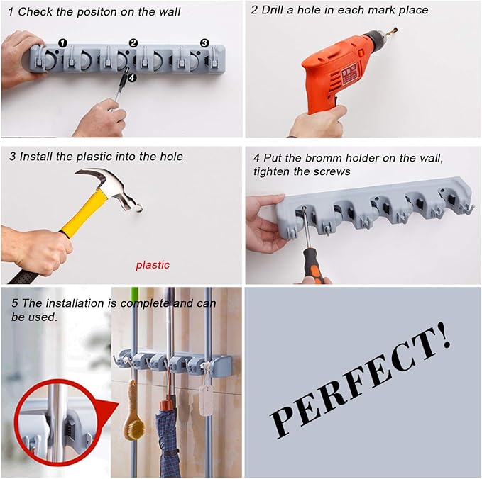 Broom Hanger Wall Mount Broom and Mop Organizer Wall Hanging Garden Tool Organizers Rack Garage Laundry Room Organizations and Storage with Hooks Heavy Duty