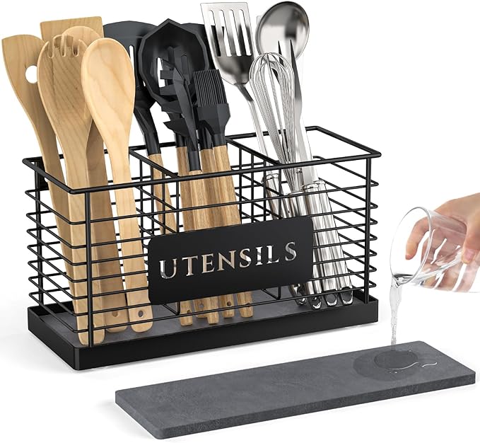 THYGIFTREE Utensil Holder for Kitchen Counter with Diatomaceous Earth Base, Large Black Metal Cooking Tool Organizer with 3 Compartments, Countertop Utensil Holder for Spatula and Kitchen Utensils