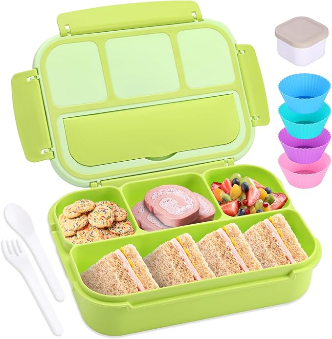Bento Box Adult Lunch Box, Lunch Containers for Kids Girls Boys with 4 Compartments, Lunchable Food Container with Utensils, Sauce Jar, Muffin Liners, 40 Oz/5 Cup, Bright Green