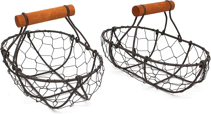 CVHOMEDECO. Chicken Wire Egg Baskets Rust Gathering Baskets with Wooden Handle Country Vintage Style Storage Baskets. Set of 2 (Oval)