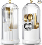 2 Pack 360° Rotating Silverware Organizer, Utensil Holder with Lid for Kitchen Counter, Silverware Caddy with Drainage Dustproof Flatware Holder for Cutlery Spoon Fork Storage, White(3 Slot)