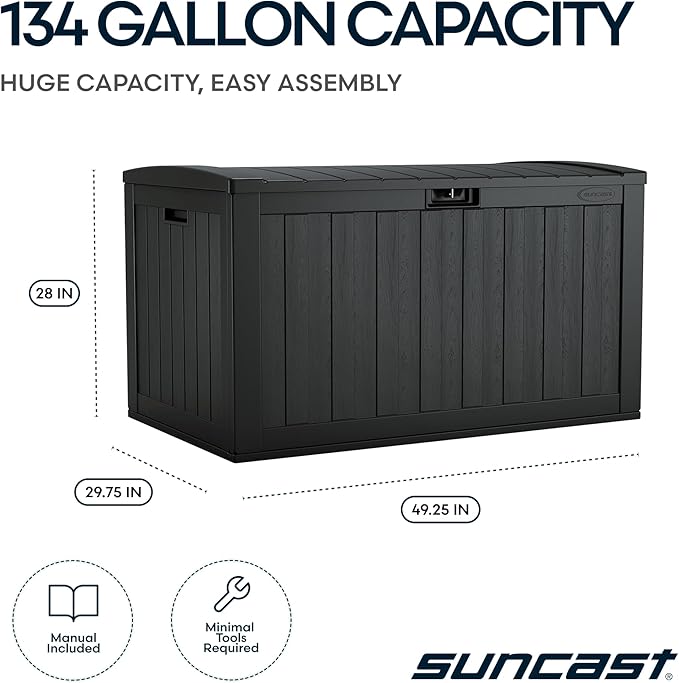 Suncast 134-Gal. Resin Extra-Large Outdoor Patio Deck Box with Pad-Lockable Lid, Modern Outdoor Patio Bench/Storage Box for Cushions, Garden Tools, and More, Iron Ore