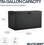 Suncast 134-Gal. Resin Extra-Large Outdoor Patio Deck Box with Pad-Lockable Lid, Modern Outdoor Patio Bench/Storage Box for Cushions, Garden Tools, and More, Iron Ore
