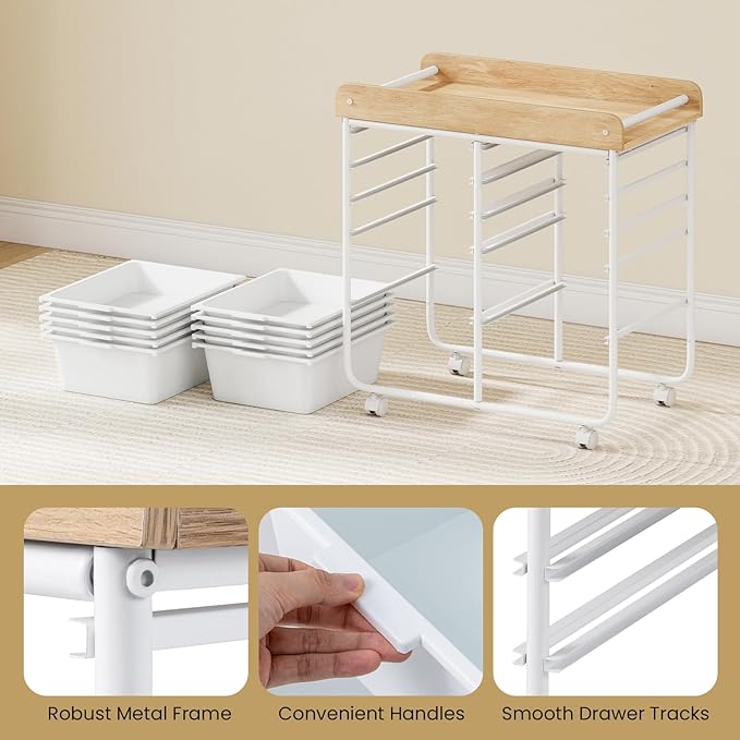 GOFLAME 10-Drawer Rolling Storage Cart, Craft Storage Cart with Wooden Tabletop, Lockable Wheels and Handles, Art Cart Supply Storage Organizer with Metal Frame for Home Office Classroom, White