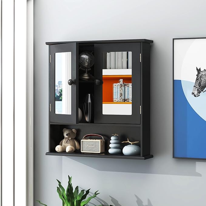 TaoHFE Black Medicine Cabinet, 2 Doors 3 Open Shelf, Wall Mounted Wooden Storage Cabinet Over Toilet