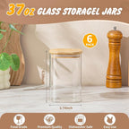 37 Oz Glass Storage Jars with Bamboo Lids - 6 Pack Clear Glass Canisters Square Airtight Stackable Ideal for Pantry Storage Containers Organizers Great for Storing Oats Coffee Beans Nuts etc