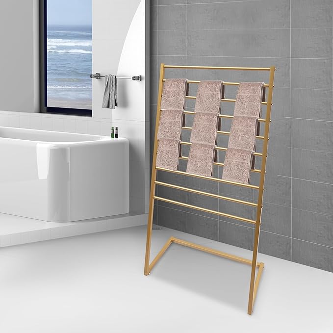 Scarf Display Stand, 10 Tier Metal Scarf Holder Organizer, Freestanding Scarf Rack, for Hanging Towels, Scarves, Clothes, Shawls, Blankets, Bandana, for Commercial Clothing Retail Store (Gold)