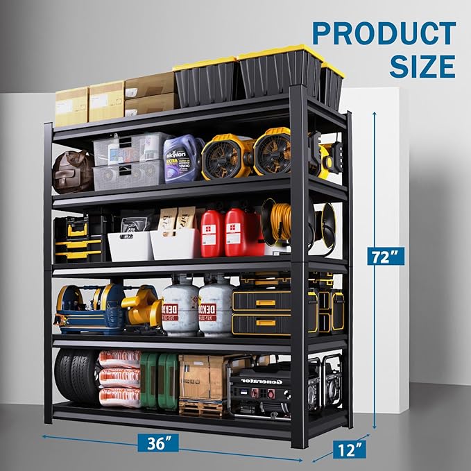 72''H Garage Shelving Heavy Duty 5-Tier Adjustable Storage Shelves Unit,3000 LBS Metal Utility Rack Shelf for Industries, Warehouses, Basement,Black (72''H x 36''W x 12''D)