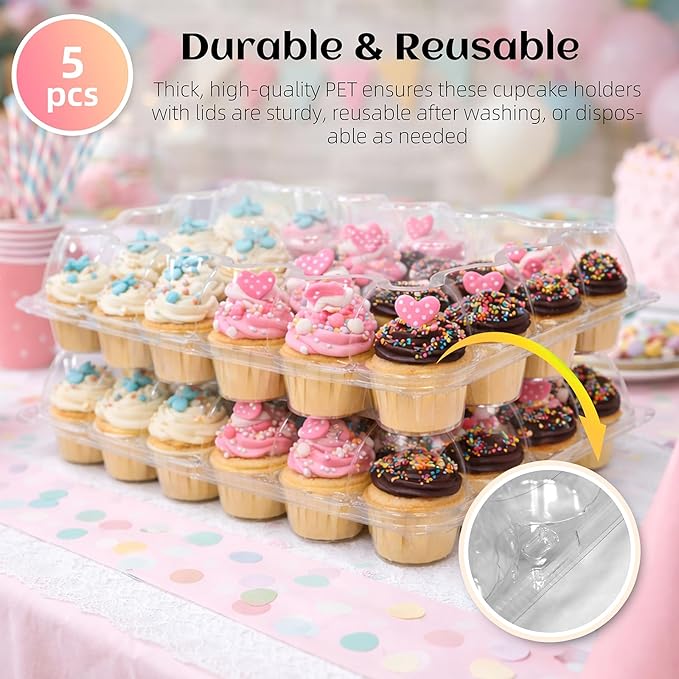(24 Count x 5 Sets Plastic Cupcake Containers with Liners, Clear Cupcake Holder with Lids, Disposable Cupcake Carrier for Bakery, Cupcake Storage Box for Parties, Bake Sale Packaging