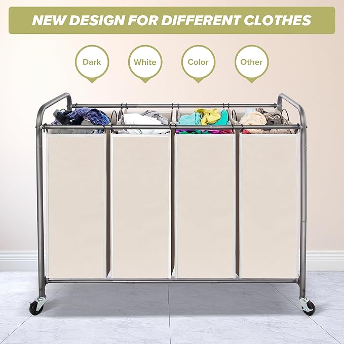 Laundry Sorter Hamper with Wheels, Heavy-Duty Laundry Sorter Rolling Cart, Lockable Wheels and Removable Bags, 4 Sections, Beige