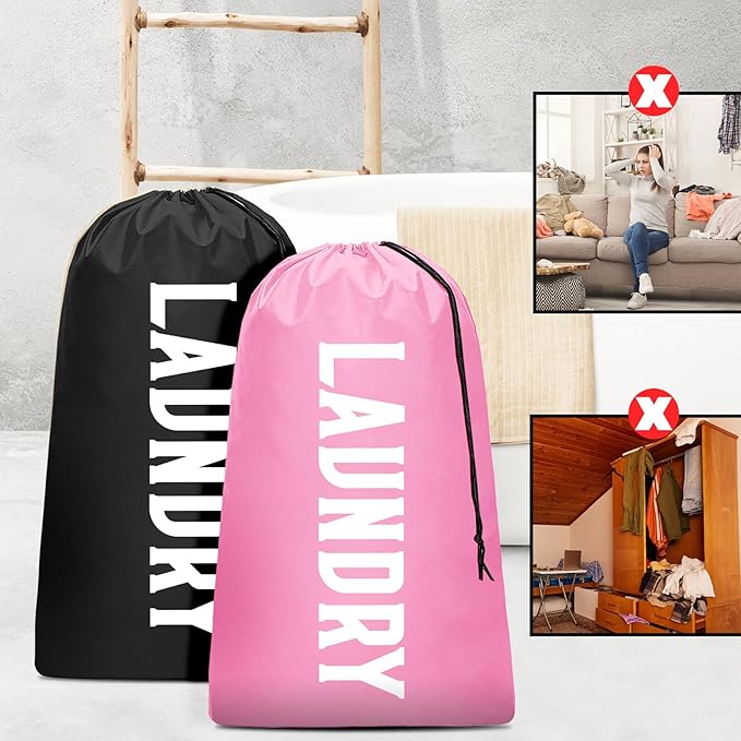 2 Pack XL Travel Laundry Bag, Machine Washable Dirty Clothes Organizer, Large Enough to Hold 4 Loads of Laundry, Easy Fit a Laundry Hamper (Black + Pink)