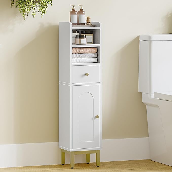 Bathroom Storage Cabinet, Corner Floor Cabinet with Drawers and Doors, Narrow Toilet Paper Holder, Bathroom Organizer with Adjustable Shelf, for Small Spaces, White BC19803GV1