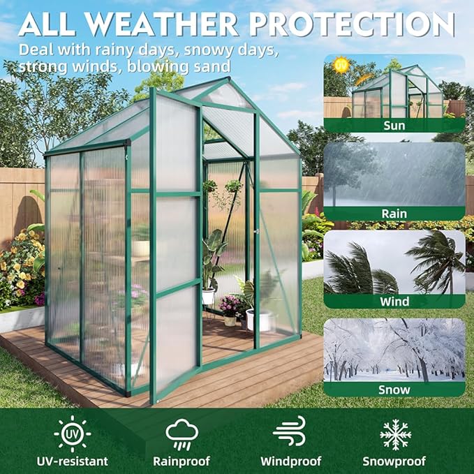 Polycarbonate Greenhouse with Rain Gutter and Roof Vent, Raised Base and Anchor Aluminum Heavy Duty Walk-in Green House, Outdoor Patio Sunroom for All Season (Green, 49.13*72.83*86.42in)
