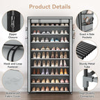 LANTEFUL Shoe Rack with Covers 10 Tier Tall Shoe Rack Organizer Large Capacity Shoe Shelf Storage 40 Pairs Space Saving Free Standing Shoe Storage Organizer for Closet, Entryway, Dorm, Grey