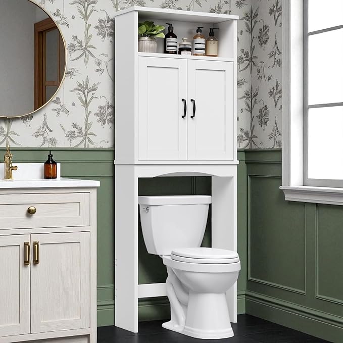 Over The Toilet Storage Cabinet, Over The Toilet Cabinet Bathroom with Adjustable Shelf and Double Door, Over The Toilet Storage for Bathroom Over The Toilet Organizer, White