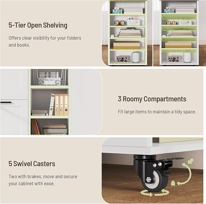 Lateral File Cabinet, Printer Stand with File Drawers and Open Shelves, 2-Drawer Mobile Lateral Filing Cabinet with Locking Casters, for Home Office Storage, Walnut and White