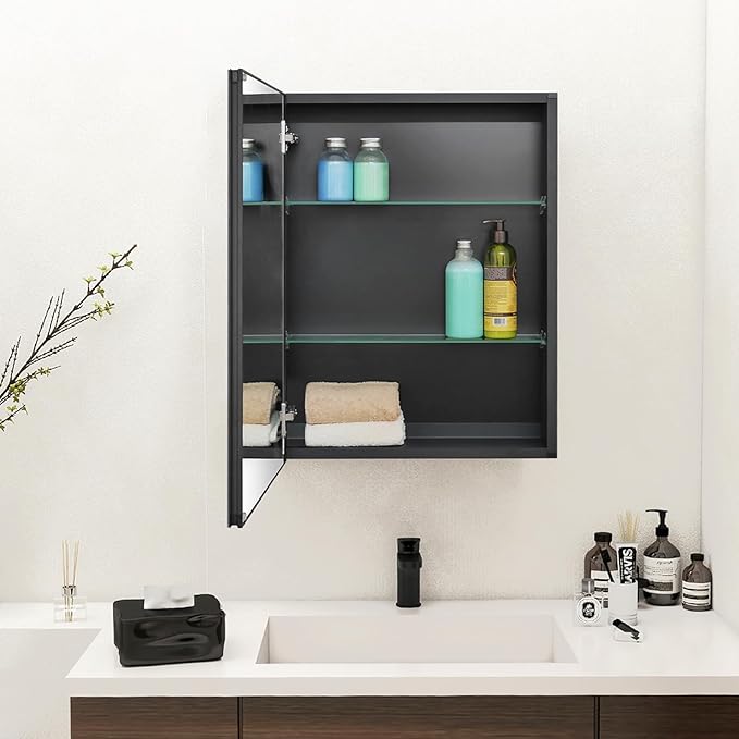 Fundin Medicine Cabinet 20 x 26 inches Mirror Size, Recessed or Surface Mount, Black Aluminum Bathroom Wall Cabinet with Mirror and Adjustable Shelves.