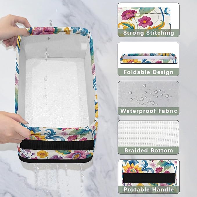Small Bathroom Baskets for Toilet,Foldable Toilet Paper Tank Basket Organizer for Towels Storage Decorative Open Storage Bins for Home,Closet,Containers,Cabinet（Beautiful Flower ）
