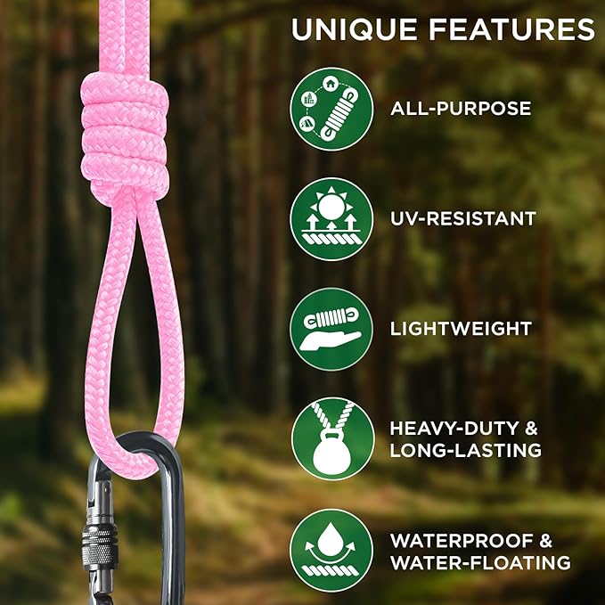 TECEUM Rope – 90 Feet x 1/4 Inch (7mm) – Pink – Strong All-Purpose Utility Rope – Camping, Crafting, Flag Pole, Indoor & Outdoor – Polypropylene Nylon Poly Lightweight Diamond Braided Cord