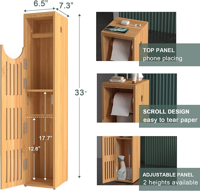 AmazerBath Toilet Paper Storage Cabinet Bamboo, Toilet Paper Holder with Storage for Small Spaces, Slim Bathroom Storage Cabinet, 33x7.3x6.5 Inches