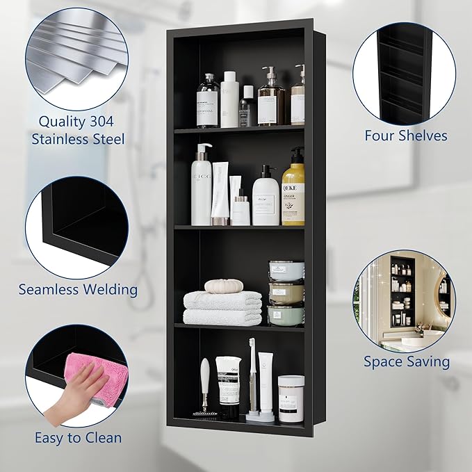 14x36 Recessed Medicine Cabinet, Medicine Cabinet No Mirror, 304 Stainless Steel Medicine Wall Niche with 4-Tiers Shelves, Matte Black