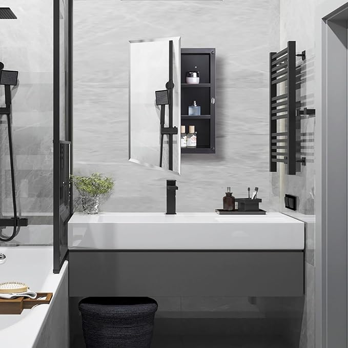 Black Plastic Bathroom Medicine Mirror Cabinet 16 x 22 inch, Surface and Recessed Mount, Beveled Edge Mirror
