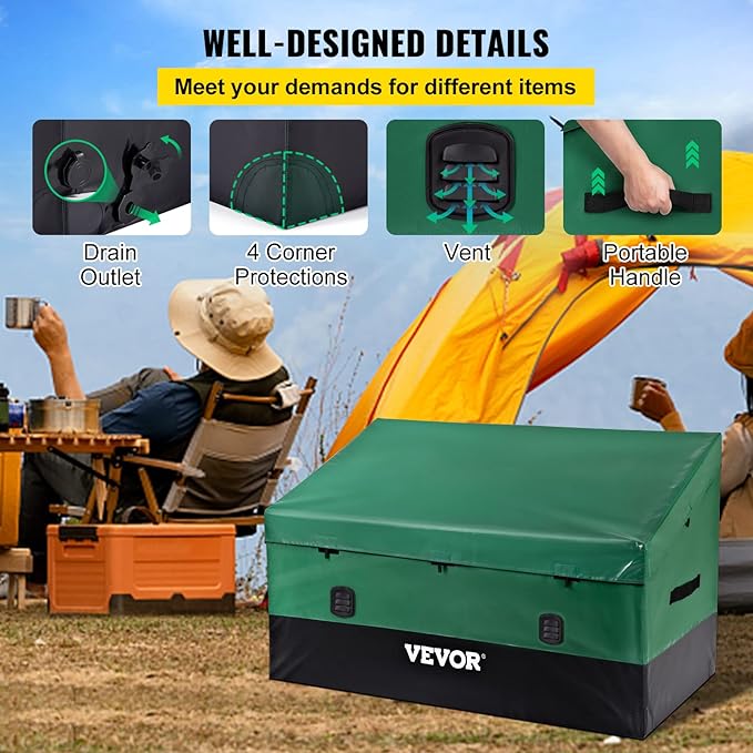 VEVOR Outdoor Storage Box, 230 Gallon Waterproof PE Tarpaulin Deck Box w/Galvanized Frame, All-Weather Protection & Portable, for Camping, Garden, Poolside, and Yard, Black & Green