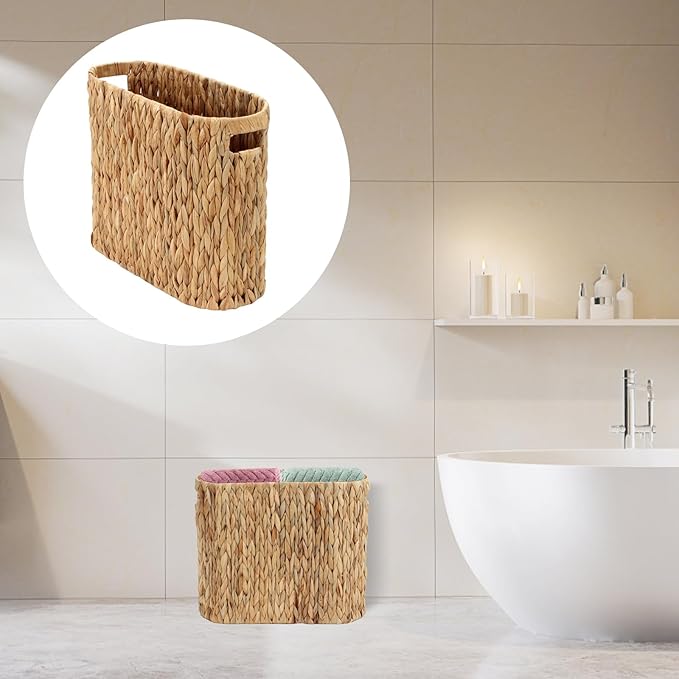 Wicker Toilet Paper Holder Stand Basket, 9 Rolls Toilet Paper Storage Basket Bathroom Organizer with Handles, Water Hyacinth Toilet Paper Organizer for Bathroom Storage