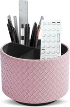 Hennaja Round Leather Art Supply Organizer,Remote Control Holder,360 Degree Spinning,Multi-Functional Pencil Holder,4 Compartments Desktop Stationary Organizer(1-Weave Purple)