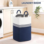 Laundry Basket Hamper,Blanket Storage,Dirty Clothes Hamper with Swivel Handles,Woven Cotton Rope Toy Baskets,Blanket Basket Living Room,Decorative Hampers for Nursery,Bedroom,White & Blue,80L