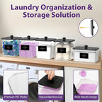 4+1 Pack Clear Laundry Pods Container & Dryer Sheet Holder, Plastic Square Laundry Room Organization and Storage Jars with Black Lids, Scoops & Labels for Detergent, Powder, Dryer Balls