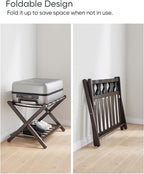 Fully Assembled Bamboo Luggage Rack, Folding Suitcase Stand with 5 Nylon Straps, Luggage Holders with Shelf, Ideal for Guest Room, Bedroom, Hotel, Espresso